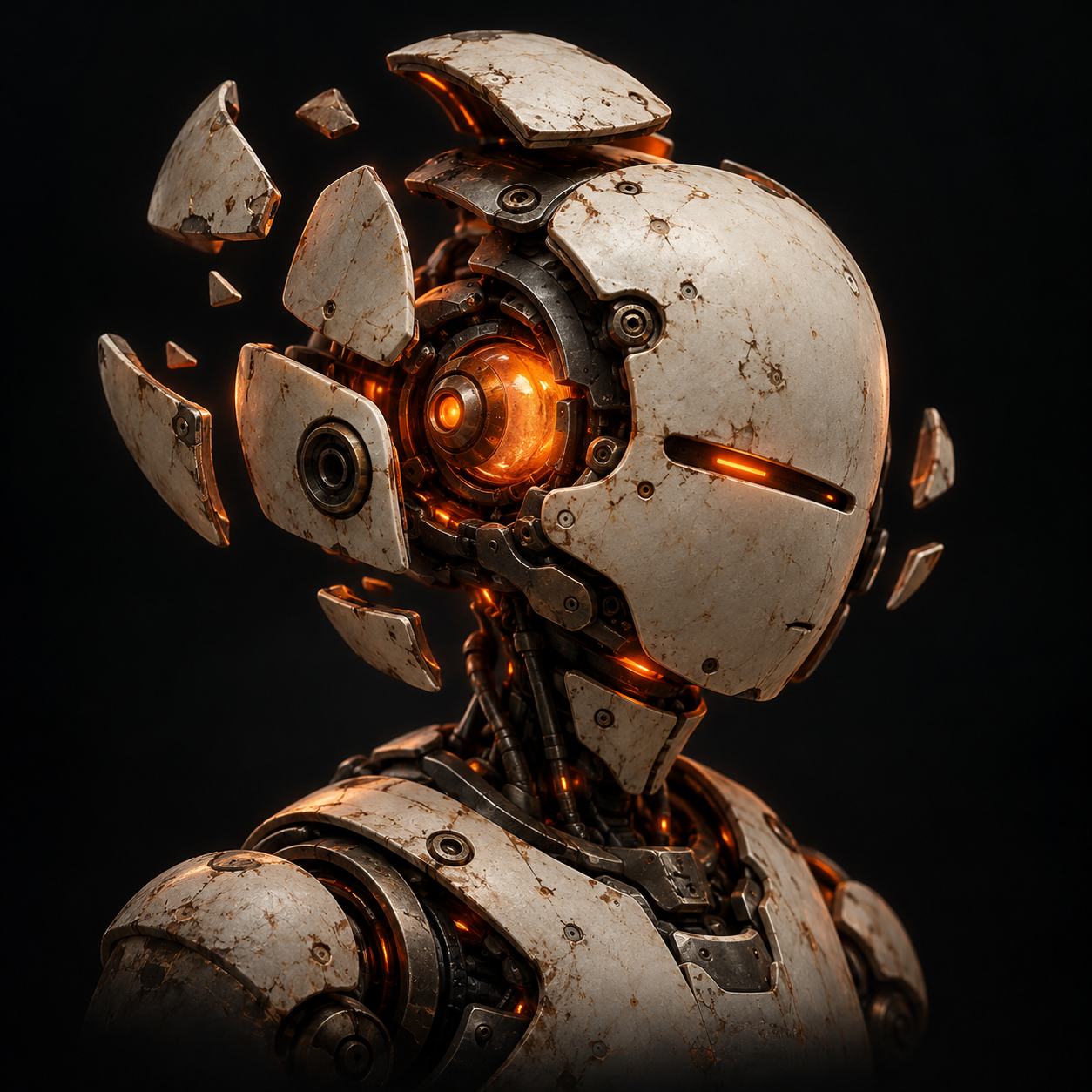 A weathered Agent head breaks apart and reforms around an orange memory core